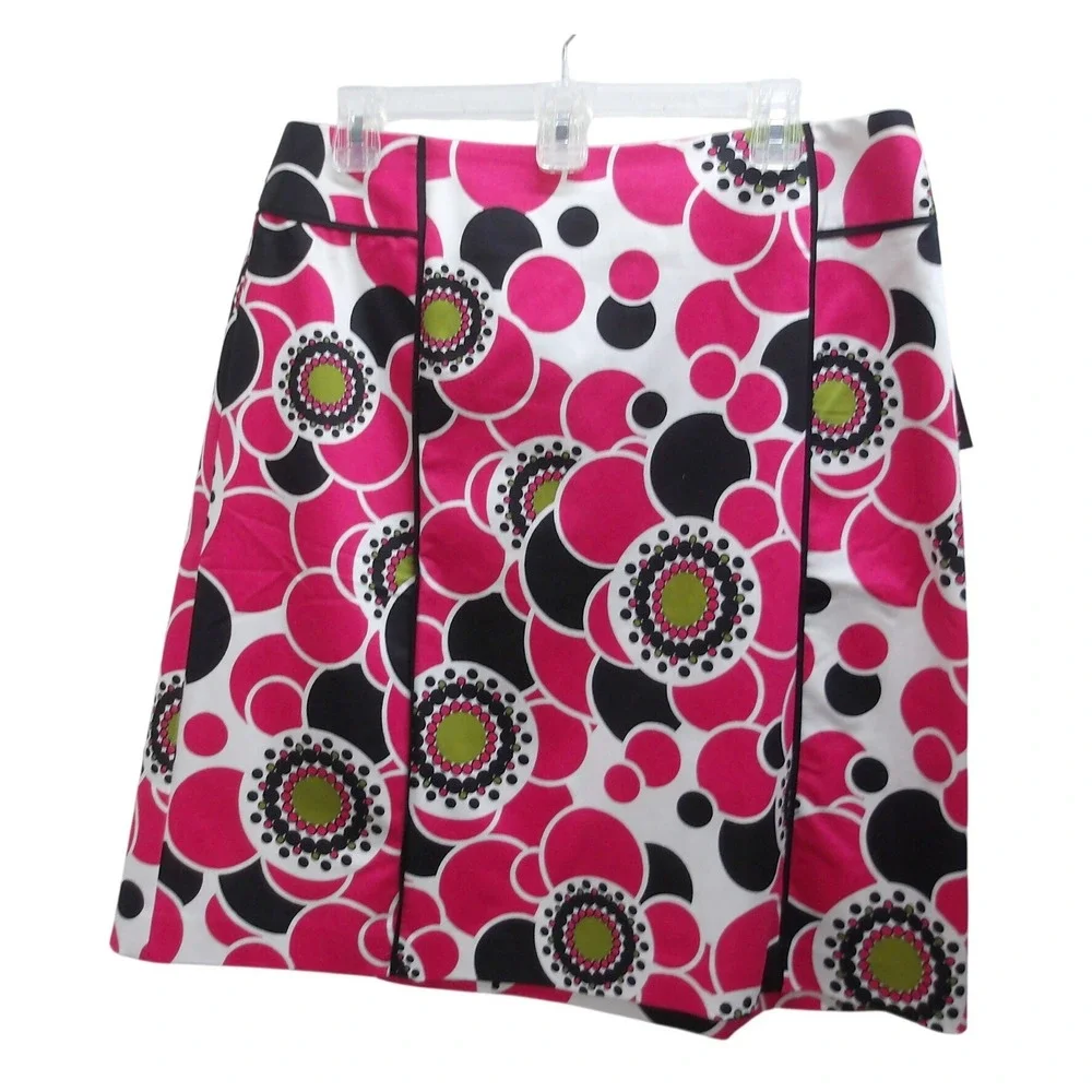 Vibrant Pink Black White Floral Polka Dot Mod A-Line Skirt Knee Length 14/#26634